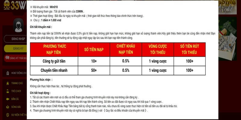 Khuyến mãi 33Win nhận ngay 0.5% khi nạp tiền 